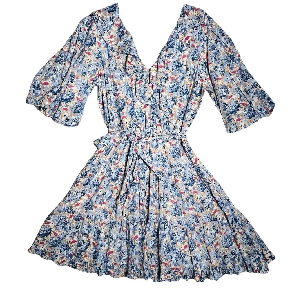 Lauren Ralph Lauren Dress Blue Floral Ruffle Trim Cotton Voile Sz 10 Black Label